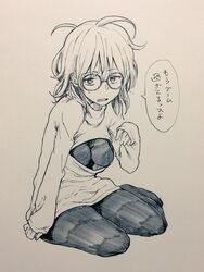  ahoge breasts commentary_request dagashi_kashi female glasses greyscale kotoyama long_sleeves looking_at_viewer loose_clothes medium_breasts meme_attire messy_hair monochrome official_art open-chest_sweater open_mouth owari_hajime pantyhose short_hair sitting solo speech_bubble sweatdrop sweater translated yokozuwari 