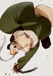  1boy alternate_costume animal_ears bakugou_katsuki bandaged_arm bandages black_pants blonde_hair boku_no_hero_academia coat commentary_request fingernails fur_trim long_sleeves male_focus maneki-neko_(fujifuji) oerba_yun_fang pants red_eyes sharp_fingernails smile solo teeth wide-eyed wolf_ears 