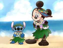  2012 4:3 4_toes alien aloha_shirt anklet anthro barefoot beach blue_body blue_eyes blush bottomwear bracelet chest_tuft chico110 clothed clothing dancing digital_media_(artwork) disney duo experiment_(lilo_and_stitch) feet floral flower flower_garland garland gloves grass grass_skirt hands_on_hips handwear head_tuft head_wreath headgear headwear hula jewelry leaf leaf_crown lei lilo_and_stitch mammal mickey_mouse mouse murid murine notched_ear open_mouth open_smile pattern_clothing pattern_shirt pattern_topwear plant rodent round_ears seaside shirt size_difference skirt smile stitch_(lilo_and_stitch) toes topless topwear tuft visor white_clothing white_gloves white_handwear 