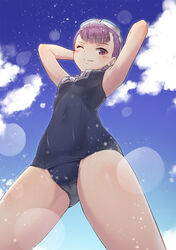  armpits arms_behind_head bare_arms bare_shoulders blue_sky blush breasts cloud cloudy_sky commentary_request covered_navel day fate/grand_order fate_(series) female from_below helena_blavatsky_(fate) helena_blavatsky_(swimsuit_archer)_(fate) helena_blavatsky_(swimsuit_archer)_(first_ascension)_(fate) highres light_particles light_rays looking_at_viewer old_school_swimsuit one-piece_swimsuit one_eye_closed photoshop_(medium) ponytail purple_eyes purple_hair school_swimsuit short_hair sky small_breasts smile solo standing sunlight swimsuit thighs urigarasu wet wet_clothes 