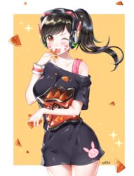  :3 alternate_breast_size alternate_hairstyle animal_print armband artist_name bare_shoulders between_fingers black_dress black_hair breasts brown_eyes casual chips_(food) collarbone commentary d.va_(overwatch) doritos dress english_commentary eyebrows facepaint facial_mark female food hand_up headphones highres holding large_breasts legs_together long_hair looking_at_viewer off-shoulder_dress off_shoulder one_eye_closed open_mouth overwatch overwatch_1 ponytail rabbit_print short_sleeves smile solo sparkle thigh_gap tongue ubi_(ekdus6080) whisker_markings 