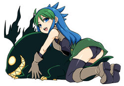  ahoge armor ass bad_id bad_pixiv_id bare_shoulders black_thighhighs blue_eyes blue_hair blush blush_stickers boots breastplate brown_footwear brown_gloves elbow_gloves female from_behind full_body gloves green_hair green_skirt hug kneeling leotard leotard_peek long_hair looking_back monster multicolored_hair open_mouth really_till simple_background skirt smile solo spiked_hair stupa13a thighhighs twinkle_star_sprites two-tone_hair upskirt white_background 