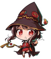  artistic_error brown_hair cape carillus chibi commentary eyepatch female hat holding kono_subarashii_sekai_ni_shukufuku_wo! looking_at_viewer megumin red_eyes short_hair simple_background solo staff unworn_eyepatch white_background witch_hat 