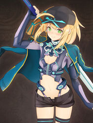  ahoge arm_up artoria_pendragon_(fate) black_hat black_panties black_shorts black_thighhighs blonde_hair blue_jacket breasts cleavage cleavage_cutout clothing_cutout commentary_request d.r_(liu1029367675) fate/grand_order fate_(series) female green_eyes hat highres holding holding_sword holding_weapon jacket long_hair midriff mysterious_heroine_x_(fate) mysterious_heroine_x_(third_ascension)_(fate) navel open_clothes open_jacket open_shorts panties photoshop_(medium) ponytail short_shorts shorts sidelocks small_breasts smile solo standing stomach sword thighhighs underwear visor_cap weapon 