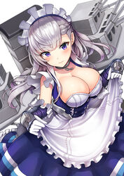  absurdres apron azur_lane bangs belfast_(azur_lane) blue_eyes blush braid breasts cannon chains cleavage collar collarbone corset dress dress_lift eyebrows_visible_through_hair floating_hair french_braid frilled_sleeves frills gauntlets gloves gui_ss head_tilt highres large_breasts lifted_by_self long_hair looking_at_viewer machinery maid maid_headdress revision rigging sidelocks silver_hair simple_background skindentation smile solo turret white_background white_gloves 