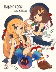  2girls alternate_costume artist_name auko beak bird black_eyes black_legwear blonde_hair blue_eyes blue_hat blue_shirt blue_skirt blush blush_stickers bow braid breasts brown_eyes brown_hair brown_shoes character_name cosmog crop_top english floating frilled_skirt frills from_side full_body gloves hair_ornament hairbow hairclip hands_up hat kneehighs lillie_(pokemon) long_hair looking_at_viewer looking_to_the_side matching_hair/eyes mizuki_(pokemon_sm) multicolored_eyes multiple_girls neckerchief pokeball pokemon pokemon_(creature) pokemon_sm red_bow red_neckerchief rowlet sailor_collar shirt shoes short_hair signature simple_background sitting skirt sleeveless sleeveless_shirt small_breasts smile socks star striped_socks text thighhighs tied_hair twin_braids white_background white_gloves white_sailor_collar white_shirt wrist_cuffs yellow_eyes 