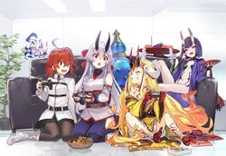  animal barefoot blonde_hair boots demon drink fate/grand_order fate_(series) food fou_(fate/grand_order) fruit fujimaru_ritsuka_(female) game_console group headband horns ibaraki_douji_(fate) japanese_clothes long_hair navel oerba_yun_fang orange_eyes orange_hair pantyhose ponytail purple_eyes purple_hair red_eyes sake shirabi_(life-is-free) short_hair shuten_douji_(fate) tattoo tomoe_gozen white_hair 