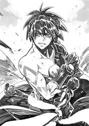  1boy bad_id bad_pixiv_id cowboy_shot escaflowne_(movie) fingerless_gloves gloves greyscale ian_olympia looking_at_viewer male_focus messy_hair monochrome serious signature single_bare_shoulder solo spiked_hair tenkuu_no_escaflowne traditional_media van_fanel 