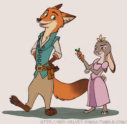  2016 anthro caliosidhe canid canine carrot clothed clothing cosplay crossover crossover_cosplay crown disney disney&#039;s_tangled_(film) dress duo female food fox fur grey_background headgear judy_hopps lagomorph leporid male mammal nick_wilde plant rabbit red_fox simple_background tiara true_fox vegetable zootopia 