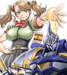  amania_orz belt breasts brown_eyes brown_hair commentary_request female gundam gundam_build_fighters gundam_build_fighters_try gunpla gyancelot hair_ornament hand_on_own_hip high-waist_skirt large_breasts model_kit outstretched_arms sazaki_kaoruko skirt smile solo twintails 