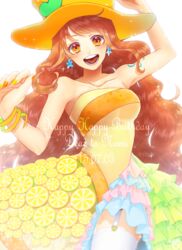  :d alternate_costume asymmetrical_clothes bad_id bad_pixiv_id bangle bare_shoulders blush bracelet collarbone cowboy_shot curry_gohan dated dress earrings english_text engrish_text eyelashes female flower_earrings food frilled_dress frills fruit garter_straps hand_on_headwear happy_birthday hat heart jewelry lemon lemon_slice long_hair looking_at_viewer nail_polish nami_(one_piece) one_piece open_mouth orange_nails ranguage round_teeth smile solo sparkle strapless strapless_dress swept_bangs tattoo teeth thighhighs tongue white_background white_thighhighs yellow_hat yellow_nails 