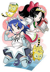  1boy alternate_hairstyle animal_ears banana_hair_ornament black_hair blue_hair book brown_eyes character_doll coco_(toranoana) collar detached_sleeves fake_animal_ears female fingerless_gloves food-themed_hair_ornament gloves green_eyes hair_ornament hairband kotora_(toranoana) maid mascot miko_(toranoana) mukku_(mook-tv) official_art otoko_no_ko ponytail salute simple_background skirt smile tatsumi_(toranoana) tora_da_yo. toranoana tray two-finger_salute white_background 