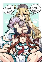  3girls :3 ahoge blonde_hair blue_eyes breast_rest breasts brown_eyes cleavage commentary_request elbow_gloves english_text fingerless_gloves gloves headgear huge_ahoge iowa_(kancolle) kantai_collection kuma_(kancolle) large_breasts long_hair mizumoto_tadashi multiple_girls oerba_yun_fang purple_hair red_eyes sailor_collar school_uniform serafuku short_hair shorts sitting sleeping tama_(kancolle) wariza 