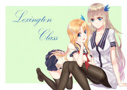  2girls 5plus black_pantyhose black_thighhighs blonde_hair blue_eyes blue_skirt breasts character_name cleavage commentary_request hair_ornament highres large_breasts lexington_(warship_girls_r) long_hair multiple_girls pantyhose photoshop_(medium) saratoga_(warship_girls_r) school_uniform serafuku skirt smile thighband_pantyhose thighhighs very_long_hair warship_girls_r 