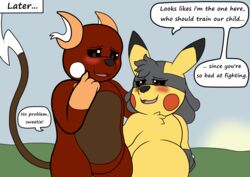  after_fight blush chocolate_raichu digital_media_(artwork) fakemon female flat_colors hi_res hybrid love male park pregnant public simple_background sweetchu text venus_the_lucachu wildwolfproduction 