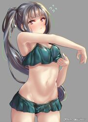  ass_visible_through_thighs bikini blush breasts brown_eyes closed_mouth commentary_request cowboy_shot female flying_sweatdrops green_bikini grey_background grey_hair groin juurouta kantai_collection kasumi_(kancolle) kasumi_kai_ni_(swimsuit_mode)_(kancolle) long_hair looking_at_viewer navel side_ponytail simple_background small_breasts solo swimsuit twitter_username 