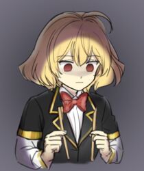  :| ahoge akuma_no_riddle artist_request blazer blonde_hair bow bowtie broken_chopsticks check_artist closed_mouth drawfag empty_eyes failure female half-split_chopsticks hashiri_nio jacket red_eyes school_uniform shaded_face short_hair simple_background solo third-party_source 