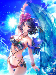  :d arm_up bad_id bad_pixiv_id bikini breasts cleavage cloud commentary_request day fate/grand_order fate_(series) female flower hair_flower hair_ornament holding katsushika_hokusai_(fate) large_breasts lens_flare octopus open_mouth outdoors parted_lips photoshop_(medium) purple_eyes purple_hair revision shawl short_hair shutsuri sky smile swimsuit tokitarou_(fate) twitter_username water watermark 