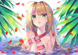  absurdres ahoge bad_id bad_pixiv_id bead_bracelet beads bikini blush bow bracelet breasts cleavage commentary_request criss-cross_halter earrings fate/grand_order fate_(series) female green_eyes hair_between_eyes hair_intakes hair_ribbon hairbow halterneck highres jewelry lips long_hair looking_at_viewer may_(2747513627) nero_claudius_(fate) nero_claudius_(swimsuit_caster)_(fate) partially_submerged photoshop_(medium) pink_lips red_bikini ribbon side-tie_bikini_bottom solo striped_bikini striped_clothes swimsuit twintails very_long_hair wet wet_clothes wet_hair 