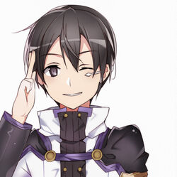  1boy ;) black_eyes black_hair commentary_request grin hair_between_eyes hand_up highres kirito long_sleeves male_focus one_eye_closed photoshop_(medium) portrait simple_background smile solo sword_art_online sword_art_online_the_movie:_ordinal_scale white_background yoru_kiri 