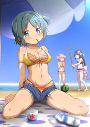  3girls abutomato akemi_homura akemi_homura_(swimsuit_ver.) alternate_hairstyle armlet bare_shoulders beach beach_umbrella bikini bikini_under_clothes black_bikini black_hair blindfold blue_eyes blue_hair blurry blurry_background blush bottle braid breasts cleavage commentary_request day depth_of_field flower food frilled_bikini frills fruit hair_flower hair_ornament highres kaname_madoka kaname_madoka_(swimsuit_costume) long_hair looking_at_viewer magia_record:_mahou_shoujo_madoka_magica_gaiden mahou_shoujo_madoka_magica medium_breasts miki_sayaka miki_sayaka_(swimsuit_costume) multiple_girls navel open_clothes open_fly open_shorts orange_bikini outdoors pink_bikini pink_hair ponytail shaved_ice shiny_skin short_hair short_shorts short_twintails shorts side_ponytail sitting smile spoon suikawari swimsuit thighs twintails umbrella unbuttoned utensil_in_mouth wariza water_bottle watermelon 