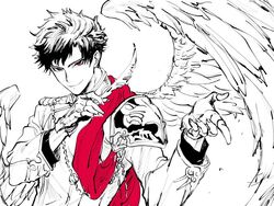  1boy bad_id bad_twitter_id belial_(granblue_fantasy) black_hair deba feathered_wings feathers gloves granblue_fantasy long_sleeves looking_at_viewer male_focus military military_uniform red_eyes short_hair smile solo uniform white_gloves wings 