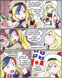  3girls admiral_paru artist_name beret bilingual blonde_hair canadian_flag civilization_(series) civilization_vi commandant_teste_(kancolle) commentary english_commentary english_text flag_of_quebec french_text grey_hair hat kantai_collection mixed-language_text mole mole_under_eye mole_under_mouth multicolored_hair multiple_girls pola_(kancolle) richelieu_(kancolle) translated 