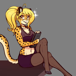  2017 amber_eyes anthro athletic biped blonde_hair bottomwear cheetah choker clothed clothing cropped crossed_legs eyewear felid feline female fully_clothed fur glasses hair hi_res jewelry legwear long_hair mammal midriff mihari miniskirt necklace orange_body orange_fur pantyhose scorpdk secretary sitting skirt solo sparkles spots 