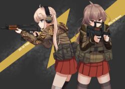  2girls assault_rifle blue_eyes blush blush_stickers brown_hair brown_jacket brown_legwear bullpup camouflage camouflage_jacket commentary_request ear_piercing finger_on_trigger fingernails gun hair_between_eyes highres holding holding_gun holding_weapon jacket kalashnikov_rifle light_brown_hair long_sleeves miyako_(yakob_labo) multiple_girls original ots-12_tiss ots-14_groza piercing pleated_skirt profile red_eyes red_skirt rifle skirt smersh standing thighhighs trigger_discipline weapon yakob_labo 