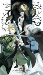  3boys :o aiden_the_holy_sword beard black_cape blue_eyes blue_gloves brown_footwear brown_gloves cape collar commentary copyright_name dress dual_wielding elbow_gloves elf elion_the_king_of_spirits eye_contact facial_hair female fur_trim gideon_(pixiv_fantasia_last_saga) gloves green_eyes green_gloves hand_up highres holding looking_at_another multiple_boys niggurath_the_ancient_tree_branch old old_man pixiv_fantasia pixiv_fantasia_last_saga pointy_ears sheath short_hair sleeveless sleeveless_dress standing white_cape white_collar white_dress white_gloves white_hair yoshiroad 