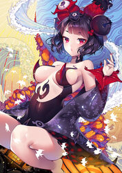  absurdres bad_id bad_pixiv_id bare_legs black_bodysuit black_hair black_kimono bodysuit bow breasts chinese_commentary commentary fate/grand_order fate_(series) female fine_art_parody flower hair_flower hair_ornament hairpin highres ink japanese_clothes jitome kanagawa_okinami_ura katsushika_hokusai_(fate) katsushika_hokusai_(third_ascension)_(fate) kimono looking_at_viewer may_(2747513627) medium_breasts nihonga orange_bow paintbrush parody photoshop_(medium) pouty_lips revealing_clothes short_hair sideboob skin_tight solo waves 