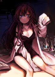  :3 black_dress blue_eyes book breasts cleavage commentary_request dress female flask highres ichinose_shiki idolmaster idolmaster_cinderella_girls lab_coat large_breasts long_hair red_hair shan sleeves_past_wrists solo 