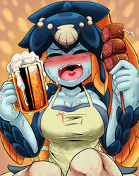  alcohol apron beer beverage big_breasts blush breasts bugge_man cleavage closed_eyes clothed clothing container cup dagonian drunk fangs female fish food heart_symbol humanoid kebab marine meat minette open_mouth skullgirls solo substance_intoxication teeth 