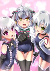  3girls absurdres ahoge bell black_gloves black_thighhighs blush bow braid commentary_request covered_navel dress elbow_gloves fate/apocrypha fate/extra fate/grand_order fate_(series) gloves green_eyes grey_hair hair_ribbon hat headpiece highres jack_the_ripper_(fate/apocrypha) jack_the_ripper_(summer_little)_(fate) jeanne_d&#039;arc_alter_santa_lily_(fate) jeanne_d&#039;arc_alter_santa_lily_(summer_little)_(fate) kirisame_mia long_hair looking_at_viewer multiple_girls nursery_rhyme_(fate) nursery_rhyme_(summer_little)_(fate) old_school_swimsuit one-piece_swimsuit open_mouth purple_eyes ribbon school_swimsuit short_hair smile swimsuit thighhighs twin_braids yellow_eyes 