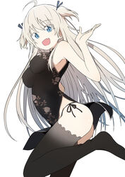  absurdres ahoge armpits ass black_dress black_panties black_thighhighs blonde_hair blue_eyes blush breasts bural_chingu china_dress chinese_clothes commentary dress female gradient_legwear hair_between_eyes hair_ribbon highres impossible_clothes impossible_dress korean_commentary large_breasts long_hair looking_at_viewer luke_(dydansgur) multicolored_clothes multicolored_legwear oerba_yun_fang open_mouth panties park_noah pelvic_curtain ribbon side-tie_panties side_slit simple_background skin_fang smile solo thighhighs two_side_up underwear white_background 