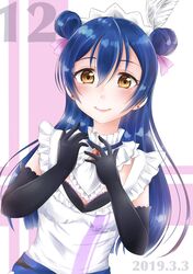  black_gloves blue_hair blush commentary_request dated detached_collar double_bun earrings elbow_gloves female gloves hair_between_eyes hair_bun highres jewelry long_hair looking_at_viewer love_live! love_live!_school_idol_project maid maid_headdress mogyutto_&quot;love&quot;_de_sekkin_chuu! rin5325 smile solo sonoda_umi upper_body yellow_eyes 