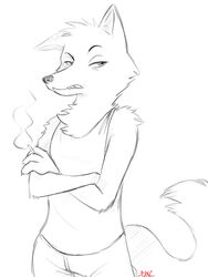  3:4 absurd_res angry anthro betty_(weaver) boreoboros canid canine canis chest_tuft cigarette clothed clothing disney fan_character female fluffy glare hi_res mammal monochrome pack_street sharp_teeth solo teeth tuft wolf zootopia 