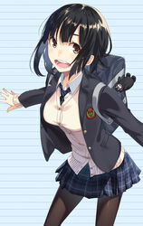  :d bad_id bad_pixiv_id bag black_hair breasts brown_eyes female jacket kimura_(ykimu) kumamon looking_at_viewer medium_breasts necktie open_mouth original pantyhose photoshop_(medium) pleated_skirt school_bag school_uniform short_hair skinny skirt sleeves_past_wrists smile solo sweater_vest teeth yuru-chara 