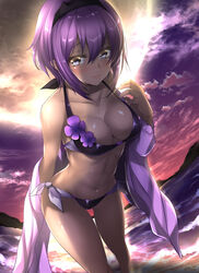  abs bikini black_hairband blush breasts cleavage closed_mouth cloud cloudy_sky commentary_request dark-skinned_female dark_skin embarrassed fate/grand_order fate/prototype fate/prototype:_fragments_of_blue_and_silver fate_(series) female flower full_moon hairband hassan_of_serenity_(fate) hatori_mia highres looking_at_viewer medium_breasts midriff moon navel night purple_bikini purple_eyes purple_hair short_hair side-tie_bikini_bottom sky solo swimsuit undressing 