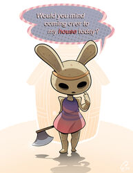  2013 animal_crossing animate_inanimate anthro axe bad_idea barefoot biped bracelet building clothed clothing coco_(animal_crossing) creepy curlypie dialogue digital_drawing_(artwork) digital_media_(artwork) dress empty_eyes english_text featureless_face featureless_feet feet female flat_chested front_view full-length_portrait gyroid hand_behind_back holding_object holding_weapon house imminent_danger jewelry lagomorph leporid looking_down mammal melee_weapon nintendo outside pink_clothing portrait purple_clothing rabbit shadow simple_background solo sparkles speech_bubble standing text toony weapon white_background 