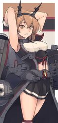  armpits arms_up black_skirt breasts brown_eyes brown_hair capelet cowboy_shot crest female gloves hairband headgear highres kantai_collection kkkhosuke large_breasts looking_at_viewer machinery miniskirt multicolored_background mutsu_(kancolle) mutsu_kai_ni_(kancolle) parted_lips pleated_skirt radio_antenna rigging short_hair skirt solo standing white_gloves 