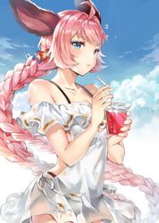  ahoge animal_ears bad_id bad_pixiv_id bare_shoulders bikini bikini_under_clothes blue_eyes blue_sky blush braid braided_ponytail breasts bubble cloud collarbone day drink drinking_straw erune female flower granblue_fantasy hair_flower hair_ornament hinakisara long_hair official_alternate_costume pink_hair sky solo swimsuit tien_(granblue_fantasy) tien_(twins_on_vacation)_(granblue_fantasy) tri_braids 