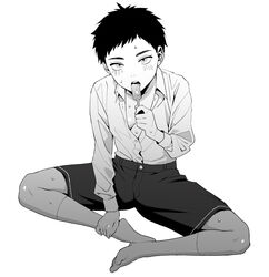  androgynous atsushi_toushirou bad_id bad_pixiv_id downblouse eyelashes female food genderswap_(mtf) greyscale indian_style long_sleeves looking_at_viewer monochrome open_mouth ouse_(otussger) pixie_cut popsicle rule_63 short_hair shorts simple_background sitting socks solo touken_ranbu unbuttoned unbuttoned_shirt very_short_hair 