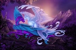  2019 3:2 ambiguous_gender avian bird blue_body blue_eyes blue_feathers claws detailed_background digital_media_(artwork) dragon duo feathered_dragon feathered_scalie feathers feral hi_res log lying moss mythological_creature mythological_scalie mythology outside plant purple_body purple_scales scales scalie selianth tail white_body white_feathers wood 