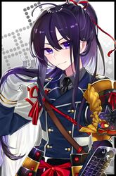  1boy ahoge armor asuma_(hanezu) black_border black_hair border cape commentary_request gloves highres japanese_armor kote male_focus military military_uniform namazuo_toushirou namazuo_toushirou_(kiwame) necktie ponytail purple_eyes shoulder_armor smile sode touken_ranbu uniform white_gloves 