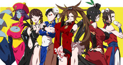  6+girls absurdres baozi black_hair black_legwear black_panties blazblue blue_skin bracelet braid breasts brown_eyes brown_hair bun_cover china_dress chinese_clothes chun-li cleavage colored_skin commentary covered_navel crossover dead_or_alive detached_sleeves double_bun dress eating fatal_fury food guilty_gear hair_bun hand_on_own_hip hat highres jewelry jiangshi kuradoberi_jam large_breasts lei_fang lei_lei li_xiangfei litchi_faye_ling long_hair makai multiple_girls muscular muscular_female navel panties pantyhose pelvic_curtain photoshop_(medium) ponytail puffy_short_sleeves puffy_sleeves purple_hair qingdai_guanmao serious short_hair short_sleeves side-tie_panties sleeveless spiked_bracelet spikes stomach street_fighter the_king_of_fighters thong toned trait_connection twin_braids underwear vampire_(game) very_long_hair wide_sleeves yellow_background 