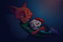  2016 anthro canid canine closed_eyes color_edit colored disney duo female fox frava8 fur judy_hopps lagomorph leporid male mammal nick_wilde rabbit red_fox sleeping smile stormspike third-party_edit true_fox zootopia 