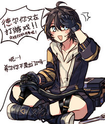  1boy absurdres ahoge black_hair blue_eyes blush commentary_request controller dier_(girls&#039;_frontline) game_controller girls&#039;_frontline gloves headphones highres hood hooded_jacket jacket male_focus messy_hair simple_background solo translation_request warbler wrench 