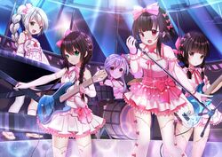  5girls band bass_guitar bow bow_legwear braid brown_eyes chao_ho_(warship_girls_r) commentary_request concert drum elbow_gloves electric_guitar gloves guitar hair_over_shoulder hairbow idol instrument keyboard_(instrument) looking_at_viewer microphone microphone_stand multiple_girls music ning_hai_(warship_girls_r) ping_hai_(warship_girls_r) side_braid singing smile thighhighs warship_girls_r white_hair xian_(pixiv11964491) yat_sen_(warship_girls_r) ying_swei_(warship_girls_r) 