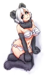  animal_ears animal_hands bare_shoulders black_eyes blush breasts claws cleavage female fur hand_on_own_knee head_tilt large_breasts loincloth looking_at_viewer monorus monster_girl monster_girl_encyclopedia navel panda_ears panda_girl ren_xiongmao sarashi short_hair simple_background sitting smile solo tail underwear underwear_only white_background white_hair yokozuwari 